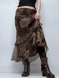 Fongt New Vintage Niche Retro Print Double-Layer Waveside Low-Rise Thin Half-Dress Skirt