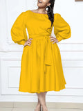 Fongt Women's Clothing 2025 Spring New Long-Sleeved Round Tie With Solid A-Dress Dress