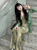 Chinese Style Halo Dyeing Slim Fit Camisole Dresses+ Y2k Ruffles Long Sleeve Green Cardigan Spring Two Piece Sets-Outfit