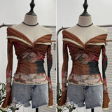 Fongt Oil Painting Print Collar A Word Twisted Folded Short-Sleeved Trumpet Blouse 9907
