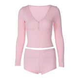 Fongt Women's Sexy Low Cut V-Neck Tight Long Sleeve Top Fashion Sporty Short Shorts Two-Piece