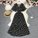 Fongt Wind Temperament Sweet Broken Flower V Collar Dress Beach Vacation Snow Spinning A Word Long Skirt-Outfit