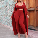 Women's autumn and winter fashion solid color sexy suspenders long coat trousers plush suit women's three-piece set Vestidos-Outfit