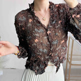 Fongt Folded Print Folding Shirt 2025 Summer New Cardigan Blouse Retro Temperament Wrinkled Shirt