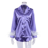 Satin Women Pajamas 2 Piece Set Sleepwear with Feather Cuff Soft Elgant Pajamas Women Nightgown Luxury Ladies'