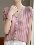 Fongt Spring And Summer New V-Neck Button Outside The Cardigan Lady Elegant Ocean Simple Thin Knit Short Sleeve