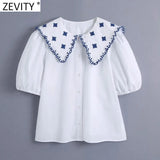 Women Agaric Lace Embroidery Patchwork Poplin Shirt Office Lady Puff Sleeve Casual Blouse Roupas Chic Chemise Tops