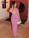 Concise Elegant Halter Maxi Dress Women Solid Sexy Deep V-neck Backless Skinny Robe Ruched Evening Dresses Lady Vestido-Outfit