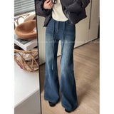 Fongt Blue T-Shirted High-Belt Plus Velvet Horn Jeans Women Autumn And Winter Spring And Autumn Narrow Version Straight Horseshoe Long Pants