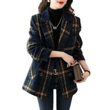 Fongt Autumn And Winter New Fashion Korean Loose Thin Retro Lattice Splicing Hundred Suit Collar Hair Coat Woman