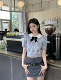 Color Sweet Waist T-Shirt For Women's Summer New College Wind Bows Slim Design Short-Sleeved