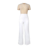 Fongt Round-Neck Short-Sleeved Nail Beads Jumpsuit Casual Wind High Waist Thin Party Dress Jumpsuit