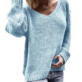 Solid Color Knitted Sweater V Neck Long Sleeve