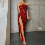 Sequin Strapless Evening Dress Women 2023 Spring Sexy Red High Slit Dresses Elegant Dress Women Party Club Dress Women-Outfit