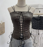 Fongt Babes Hollow Strapped Braped Pu Skin Top Female Tight Sexy Short Hanging Neck Vest 2765