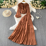 Fongt Style Pink Three-Dimensional Flower Collar Lantern Sleeve Shirt Lady Autumn High-Rise Dress Set