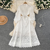 Fongt Sense Of Elegant Lace Dress 2025 New Hollow Hooks Waist Lantern Sleeves Waist Waist Dress Dress