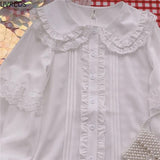 Shirt White Elegant Women Preppy Style Blouses Cute Peter Pan Collar Lace Ruffle JK Shirts Girls Long Sleeve Blusas Mujer-Outfit