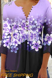 Floral Print Summer Blouse Women Elegant Simple Shirt V Neck Button 3/4 Length Sleeve Casual Holiday Basic Tops