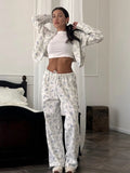 Fongt Sale Of Broken Flower Hoodie Set Of Women's Short Zipper Coat Draw Rope Wide Leg Pants Fresh Print Autumn And Winter