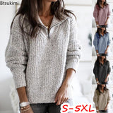 Winter Warm Pullover Sweater Women Fashion Solid Long Sleeve Knitwear Zip Neck Loose Knitted Sweater Jumper Top