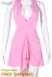 Bandage Lace Up Backless Pleated Mini Dress Women Sleeveless Deep V Solid Pink Robe 2023 Summer Harajuku Lolita Y2K
