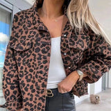 Leopard Print Washed Denim Jacket Women Raw-edges Short Jean Coat Casual Tops Spring Autumn Female Oversize Loose