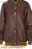 Letter Embroidery Women Long Sleeve Pu Fake Leather Baseball Jacket Loose Oversized Casual Streetwear 2023 Autumn