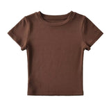 Trendy Women's Dress Slim And Show Thin Round Neck Short Style Navel Bottomed Blouse Net Version Of Solid Color Short-Sleeved T-Shirt-Outfit