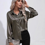Satin Shirt Satin Imitation Silk Long-Sleeved Pure Color Elegant Button Front Lapel Shirt-Outfit
