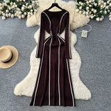 Fongt High-End Sense Niche Fashion Side To Receive Waist Round Collar Long-Sleeved Sweater Dress Female Thin Dress