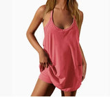 Fongt Summer Solid Sleeveless Dress Fine Shoulder Strap Vest Skirt Sports Skirt Pocket