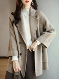 for Women 2023 Double Breasted Pocket Elegant Long Coat Wool & Blends Fashion V-Neck Office Lady Grey Heavy