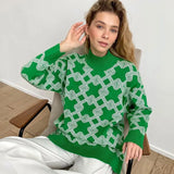 Oversize Women Sweater Pullover Half Collar Knitted Check Autumn Female Jumper Sweaters 2022 Geometric Long Sleeve