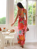 Fongt Summer New Women's Temperament Casual V-Neck Printing Tie Medium Long Dress D2425-Outfit