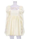 Puff Sleeves Woman Party Dress Evening Chic Square Collar Ball Gown Dress Short Beige Satin Dresses Pleated