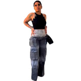 Fongt Women's Tie Jeans Women's Fashion High-Waist Multi-Pocket Gradient Wide-Legged Leggings