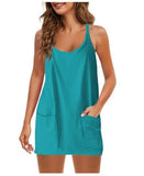 Fongt Summer Solid Sleeveless Dress Fine Shoulder Strap Vest Skirt Sports Skirt Pocket