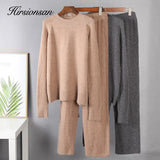 Basic Two Piece Knitted Loose Pants and O Neck Sweater Women 2021 Autumn Winter Warm Sets Female Tracksuits