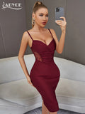 Summer Spaghetti Strap V Neck Bandage Dress Sexy Sleeveless Wine Red Lace Draped Night Club Evening Party Women Midi