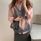 2022 New Sleeveless Oversized Knitted Checkered Vintage Lady Autunm Winter Women Sweater Pullover Vest Tops