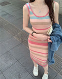 Dopamine Striped Knitted Sling Dress Autumn New Korean Version Of The Famous Mid-Long Waistcoat Skirt