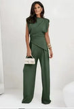 Fongt Faitry Face Solid-Colored Collared Folded Fork Vest Top Broad Leg Trousers Set Summer