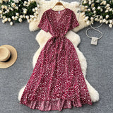 Fongt Piece Of V-Neck Tie With Short Sleeves Of Broken Flower Dress Women's Summer Thin Temperament French Dress