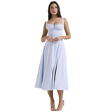 Fongt New Sexy Bare Back Sling Dress Holiday Breeze Flower Fork Long Skirt