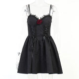 Dark Tie Up Mall Gothic Elegant Women Dresses Grunge Aesthetic Jacquard A-Line Dress Emo Lace Trim Black Party Alt