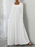 Fongt New Long Dress Casual Loose Long Sleeve Solid Color Collar Dress