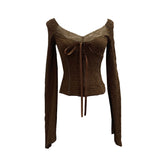 Fongt Shooting Merard Wind Strapted Bow Splicing Lace Pure Desire Blouse Folding Body Short Blouse 6015