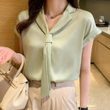Summer Short Sleeve Chiffon Shirt Women V-neck Tie Solid Loose White Blouses And Shirts Korean Plus Size Women Tops