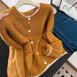Fongt Retro Wavy Collar Color Button Design Knitted Cardigan Women Loose Soft-Creative Sweater Jacket Autumn